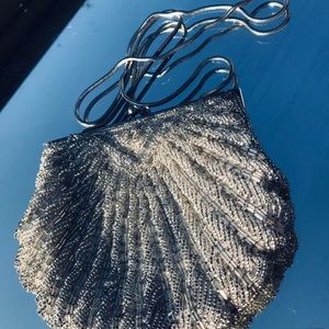 VINTAGE Silver Beaded Shell Clutch